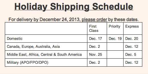 Holiday Shipping Schedule 2013