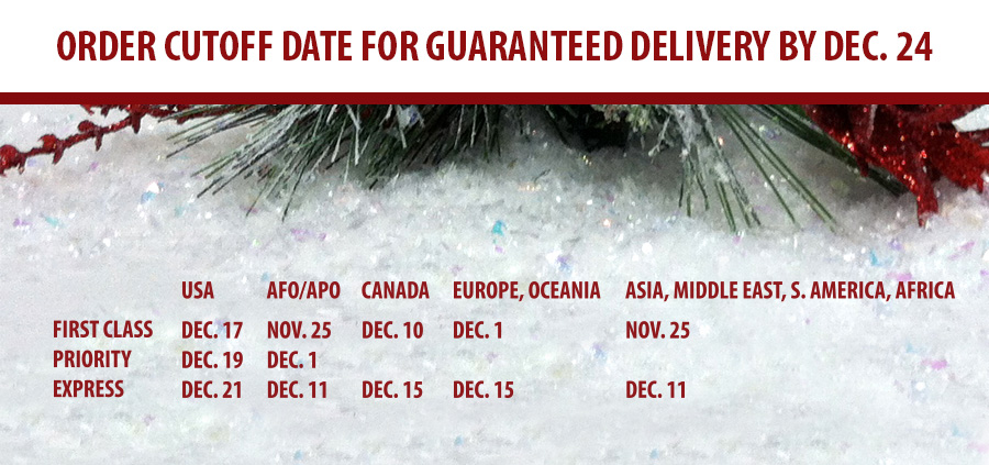 Holiday Shipping Schedule for 2014 delivery by December 24