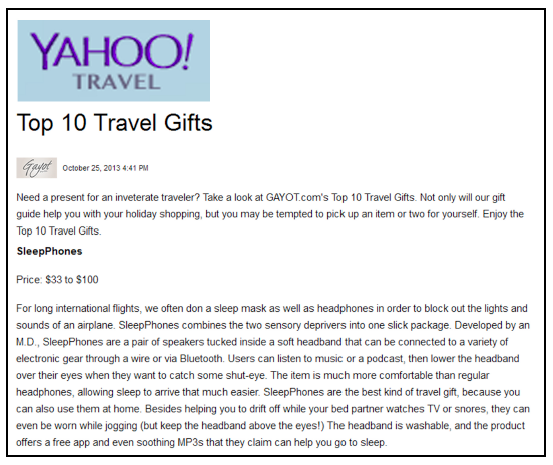 SleepPhones Featured on the Yahoo Travel Blog - October 2013