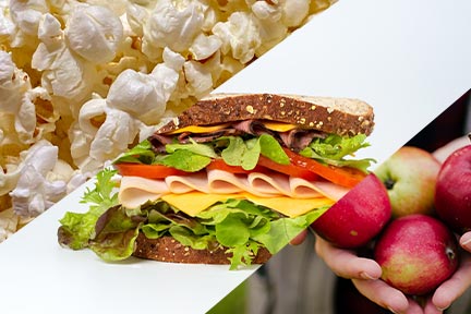 healthy eating options for truckers. Popcorn left, sandwich middle, red apples right