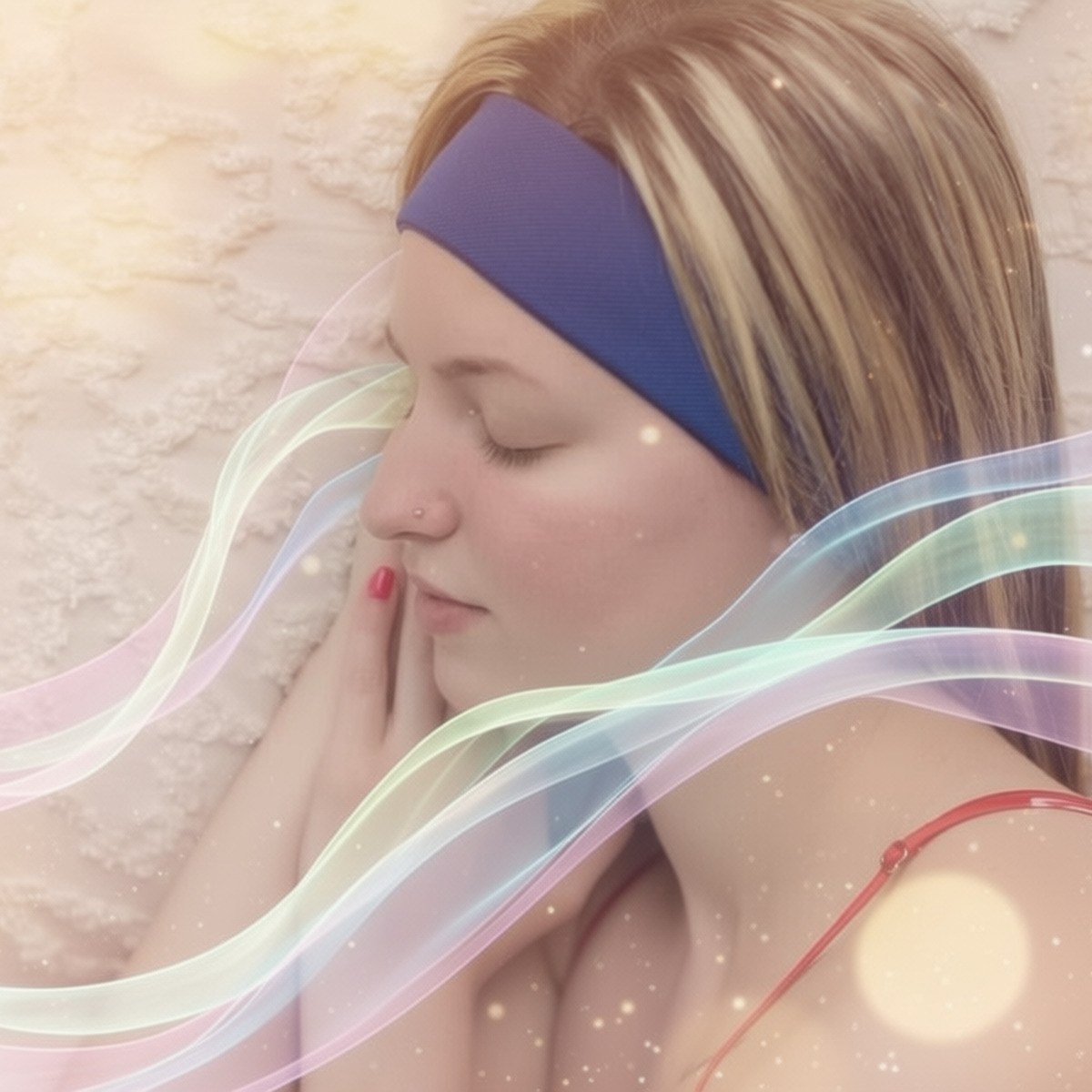 sound washes over a woman as she wears headphones while sleeping