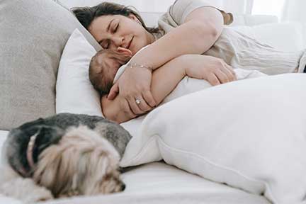 baby and dog in bed with parent