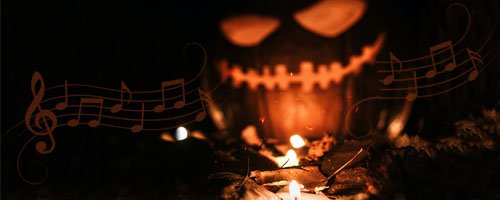 creepy halloween music notes with jack-o-lantern in background