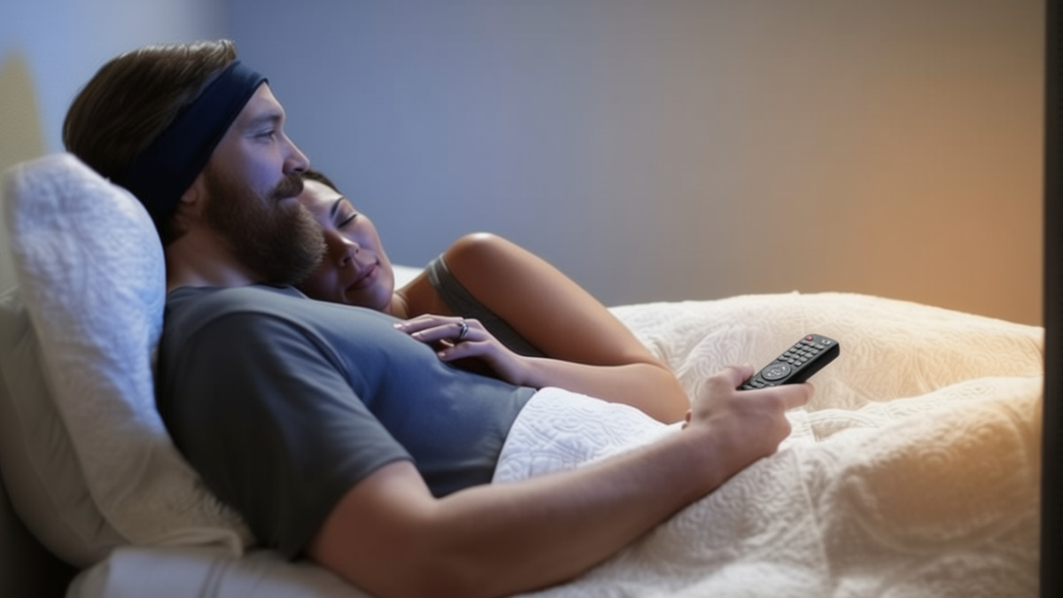 husband watches tv without disturbing his wife huddled against him