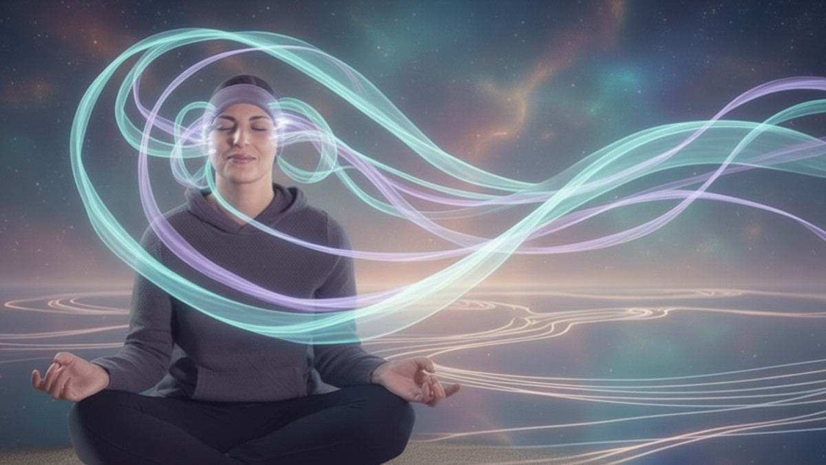 a fanciful depiction of a woman meditating with sound
