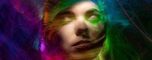A woman surrounded by a rainbow of dancing light waves is experiencing lucid dreaming while listening to binaural beats with SleepPhones headphones for sleep.