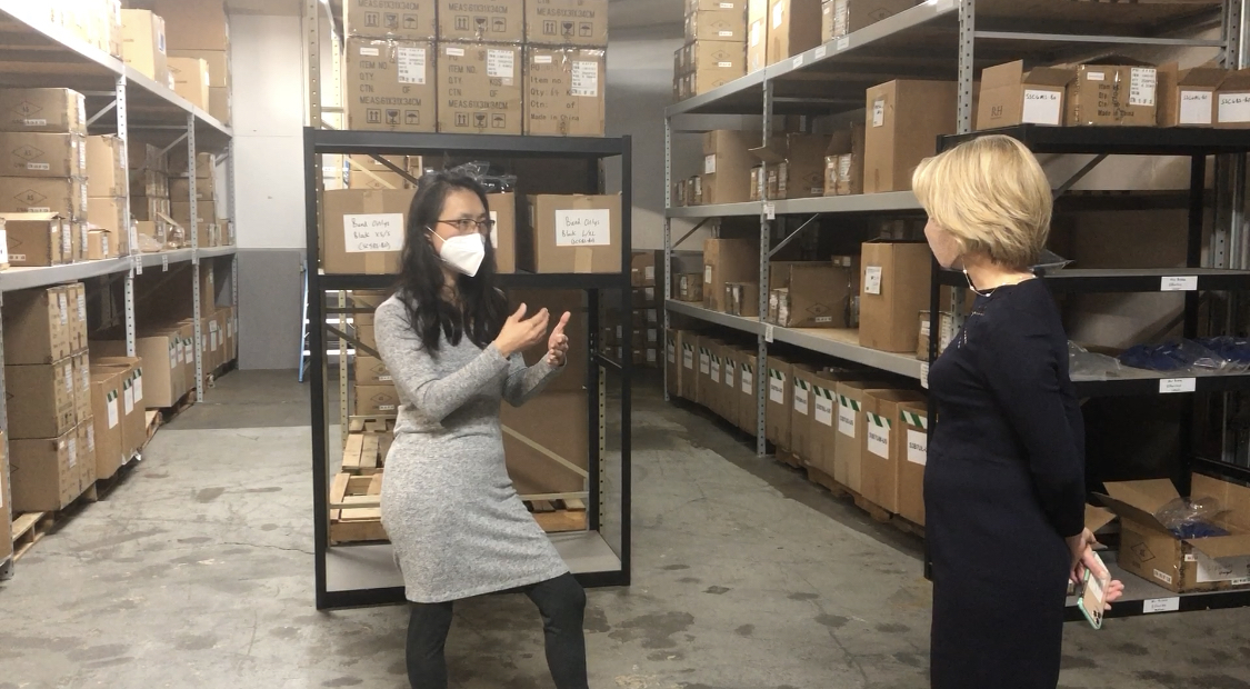 CEO Dr. Wei-Shin Lai and EXIM Chairman Kimberly Reed in SleepPhones Warehouse, Erie, PA