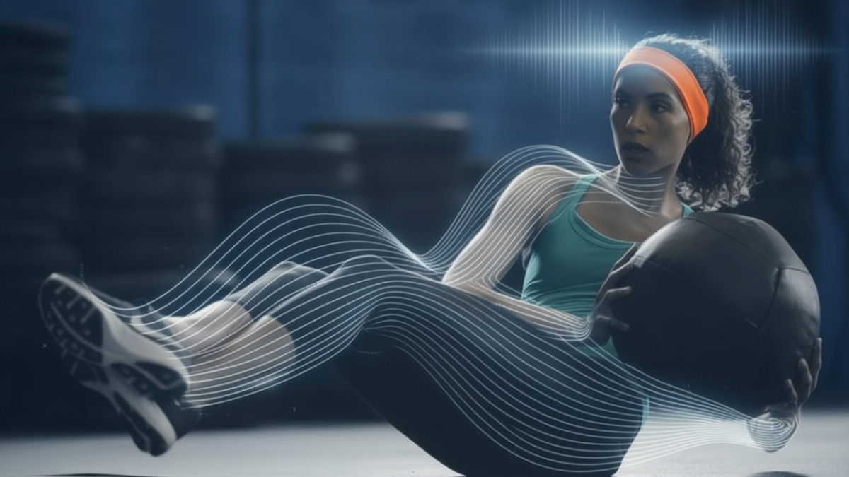 fanciful depiction of a woman exercising while wearing RunPhones® headphones