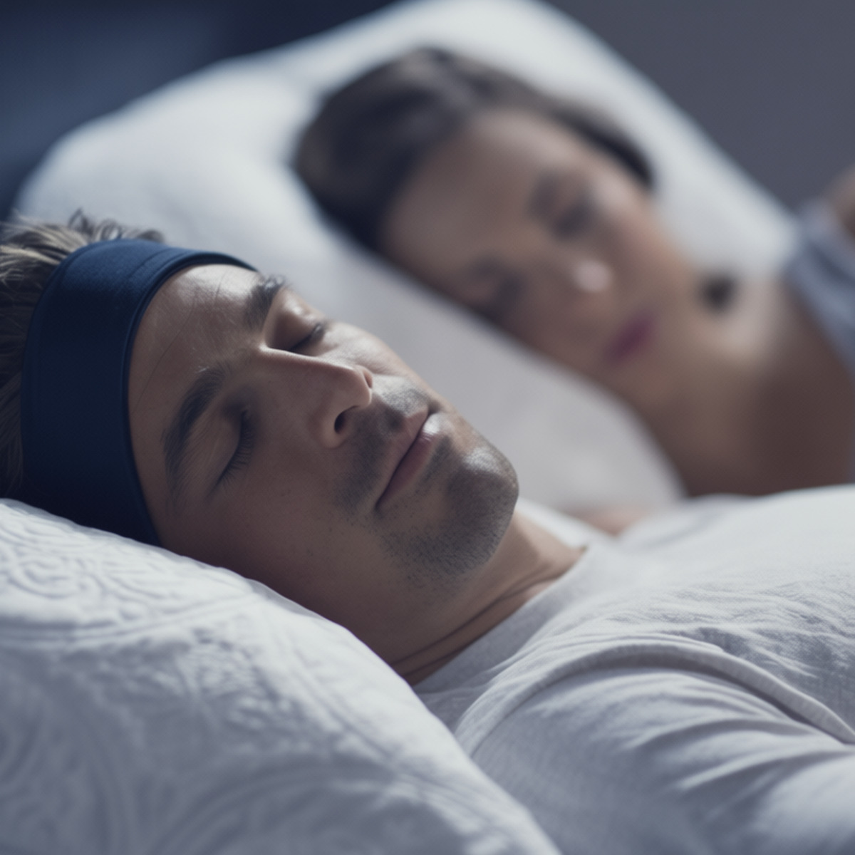 husband wears our SleepPhones® headphones to block the sound of his wife's snoring