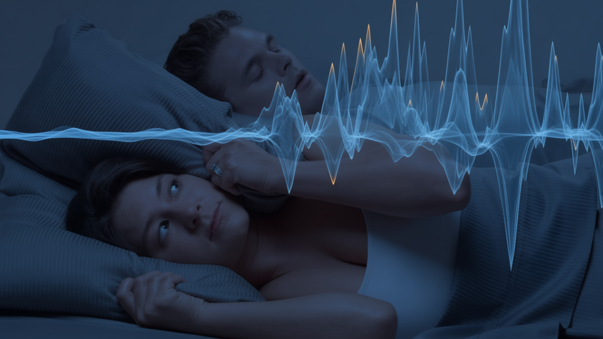 an artist's depiction of how snoring sounds can come between a couple at night