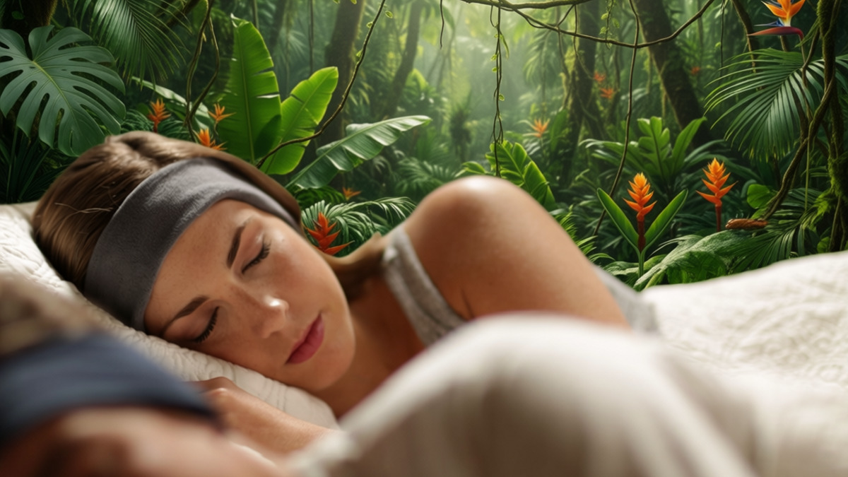 depiction of a woman listening to sounds of a jungle as she falls asleep