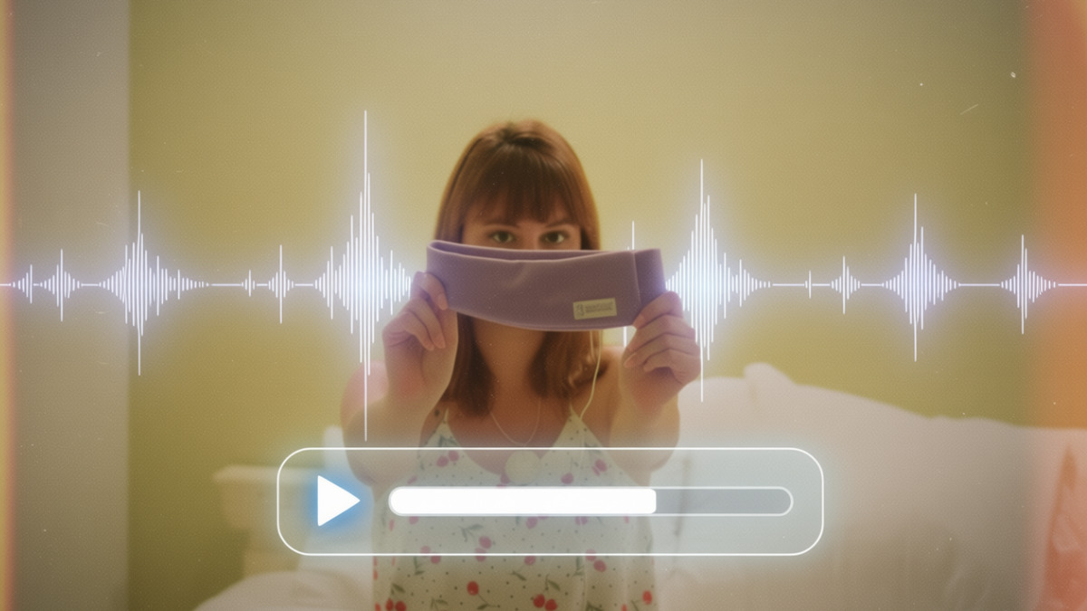 a young woman showing her wired sleepphones headphones