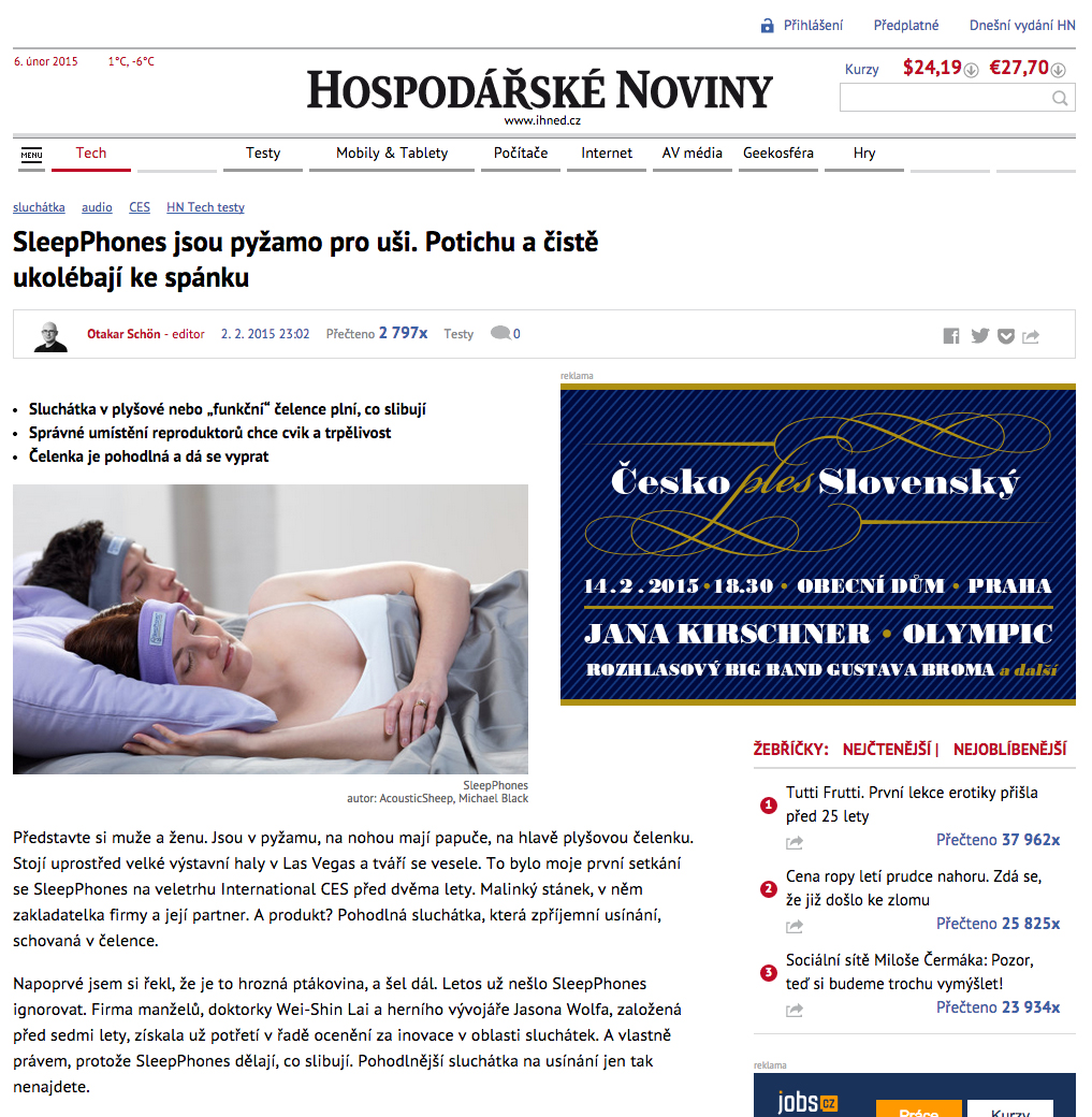 Hospodářské Noviny newspaper article SleepPhones jsou pyžamo pro uši. Potichu a čistě ukolébají ke spánku