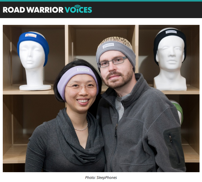 CEO, Wei-Shin and her husband Jason, wearing SleepPhones, standing in front of SleepPhones product displays