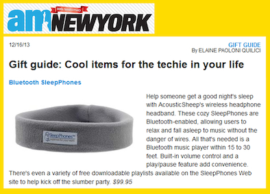 SleepPhones Featured in AM New York Blog Gift Guide - December 2013