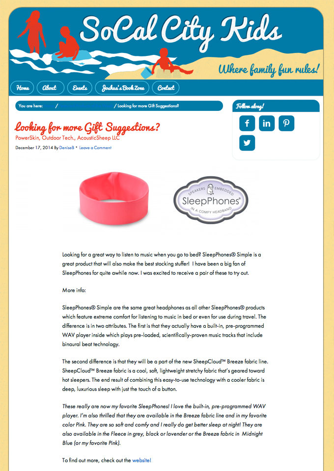 SleepPhones® Simple featured in SoCal City Kids article Looking for more Gift Suggestions
