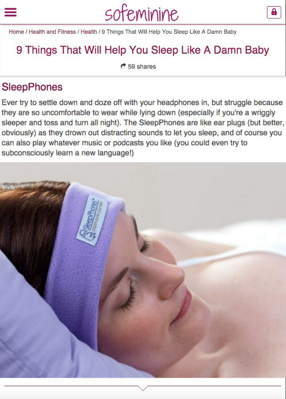 screenshot of SoFeminine.co.uk homepage featuring the SleepPhones model