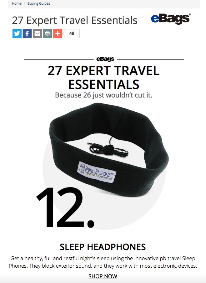 screenshot of the eBags.com homepage featuring a black fleece SleepPhones listed at number 12