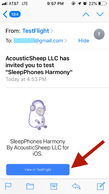 Screenshot of email for SleepPhones Harmony from TestFlight