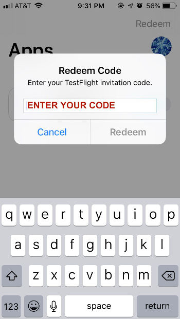Screenshot of TestFlight App Code redemption