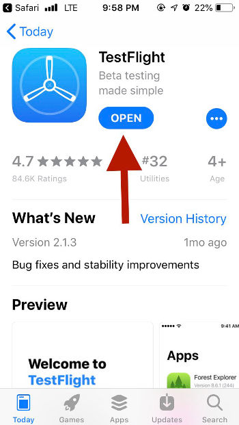 Screenshot of TestFlight in App Store after installation