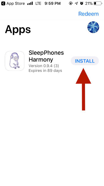 Screenshot of SleepPhones Harmony App Installation page before installation