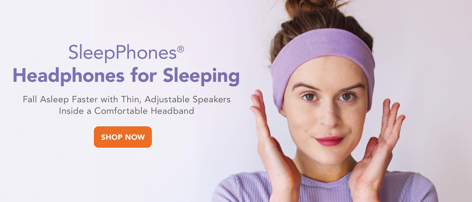 asmrtist becca wearing lavender SleepPhones Wireless headphones with hands at face smiling